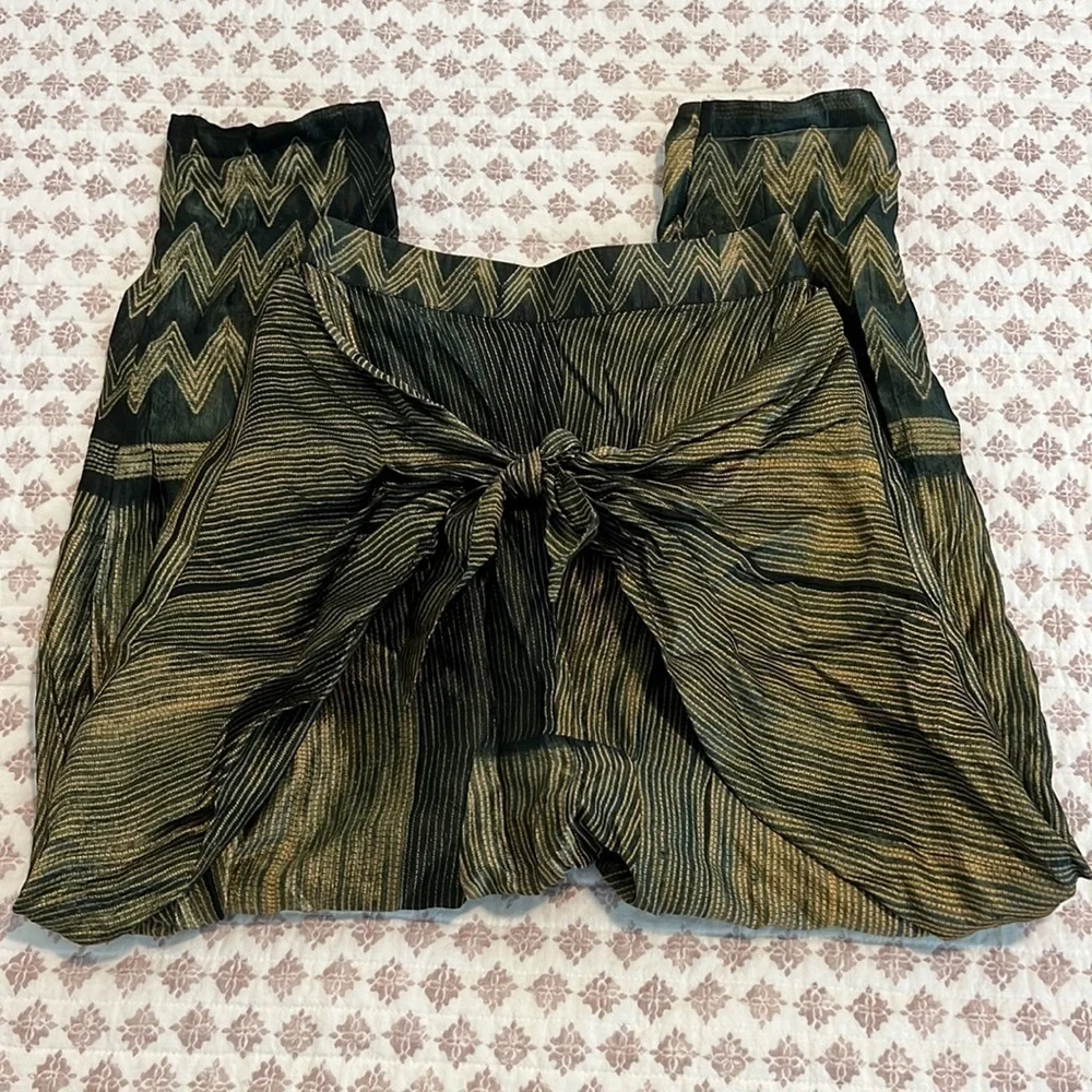 Anthro Silk Harem Pants Gold Black Knot Front Euro Statement XS